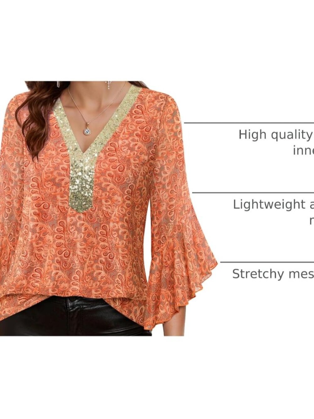Women's Ruffle 3/4 Sleeve Sparkly Tops Sequin V Neck Blouses Dressy Fall Shirts - Picture 4 of 7